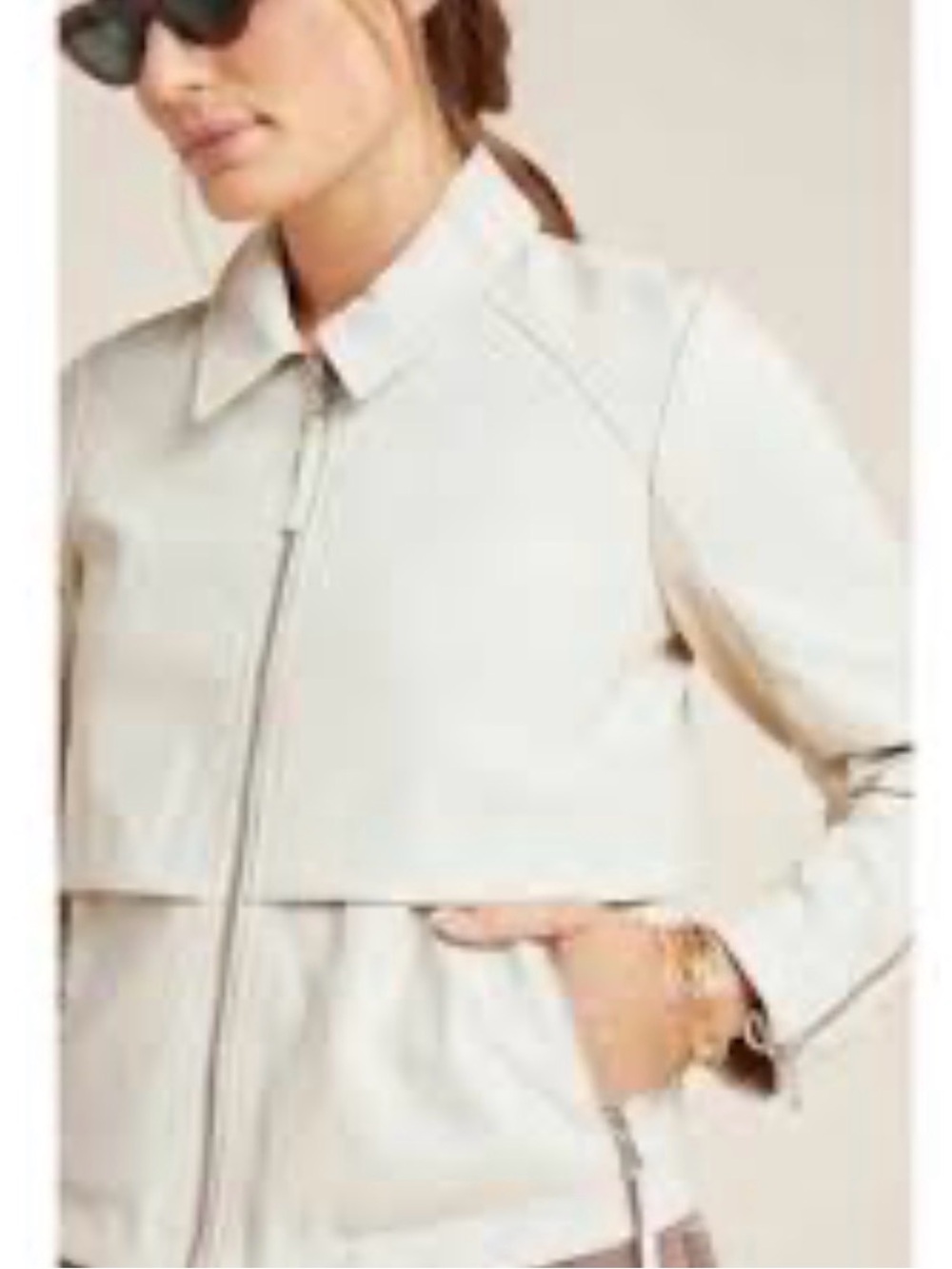 Anthropologie Cropped Moto Jacket Cream Faux Leather Zip Front Womens SMALL